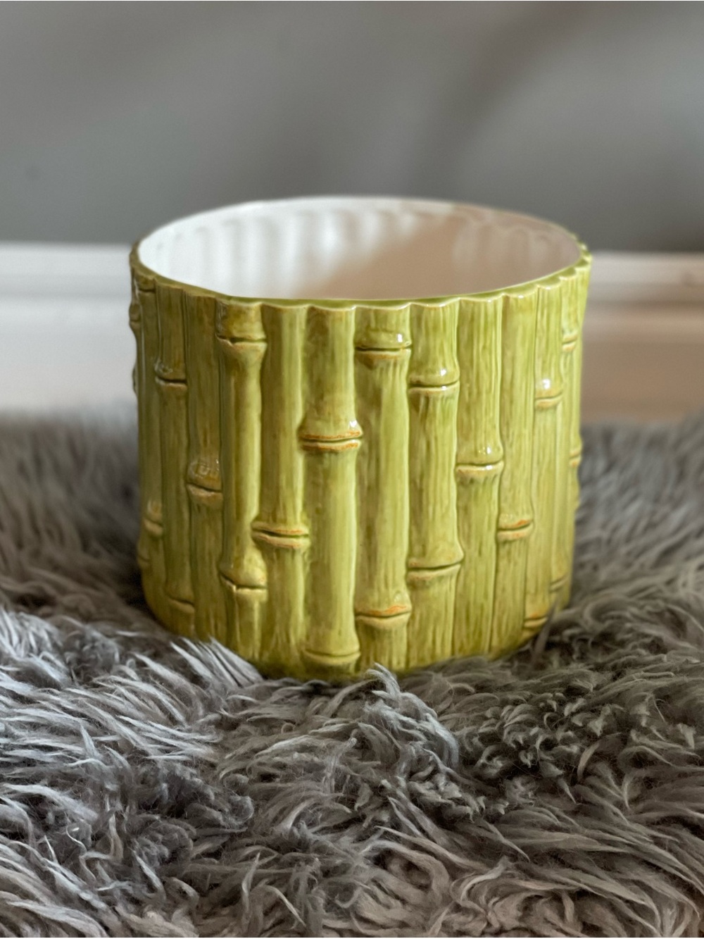 Vintage Hand-Painted Green Ceramic Bamboo Planter Pot